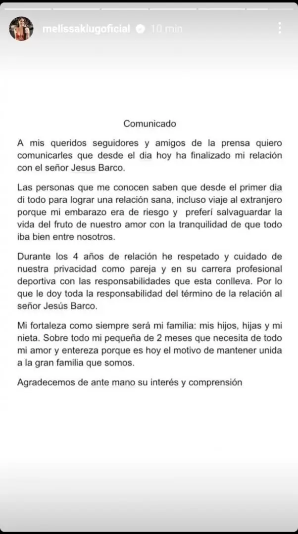 Melissa Klug comparte comunicado anunciando el fin de su relacin con Jess Barco. (Foto: Captura de pantalla/Instagram)