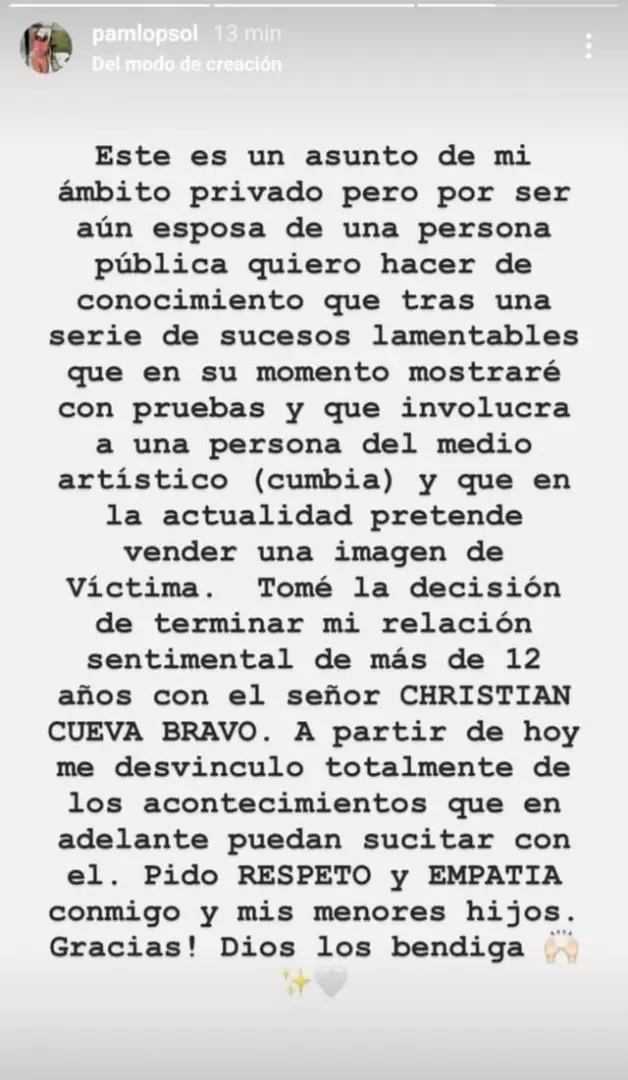 Comunicado de Pamela Lpez. (Foto: Captura de pantalla/Instagram)