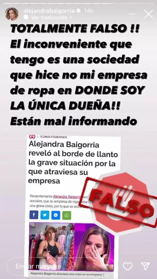 Historia de Alejandra Baigorria haciendo aclaracin. (Foto: Instagram)