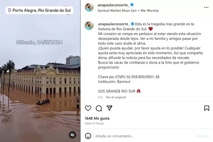 Ana Paula Consorte sobre inundaciones en Brasil. (Foto: Instagram)