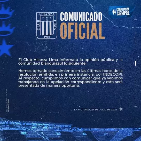 Alianza Lima responde a Indecopi