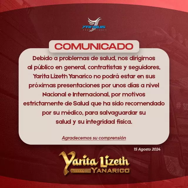 Yarita Lizeth cancela conciertos