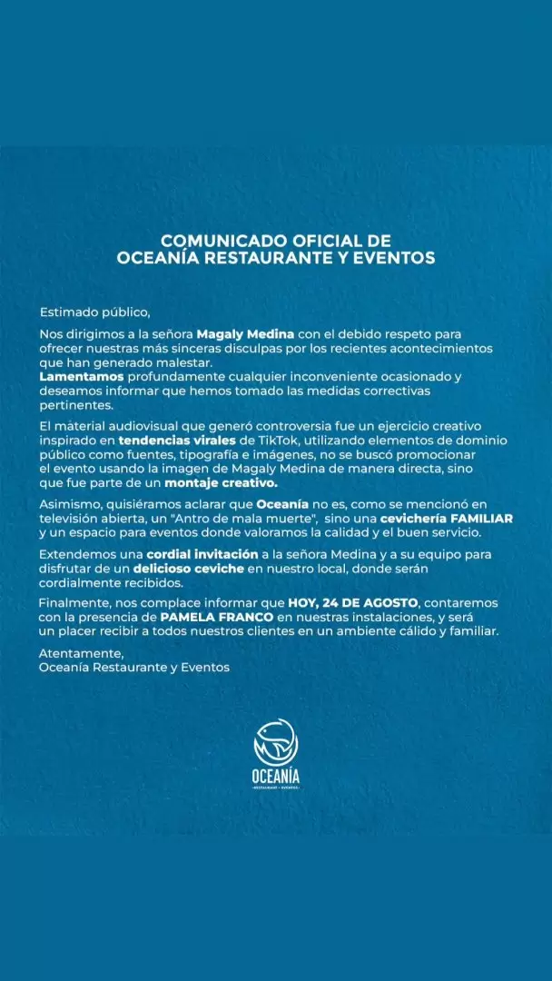 Cevichera Oceana lanza comunicado hacia Magaly Medina por polmica de uso de imagen. (Instagram)