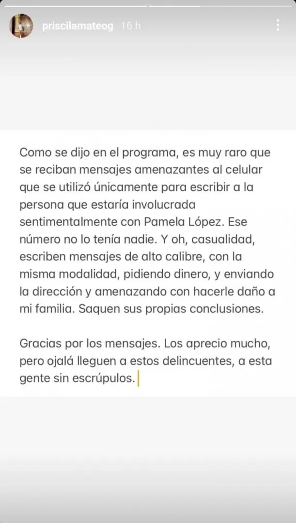 Priscila Mateo sobre recientes amenazas. (Instagram)