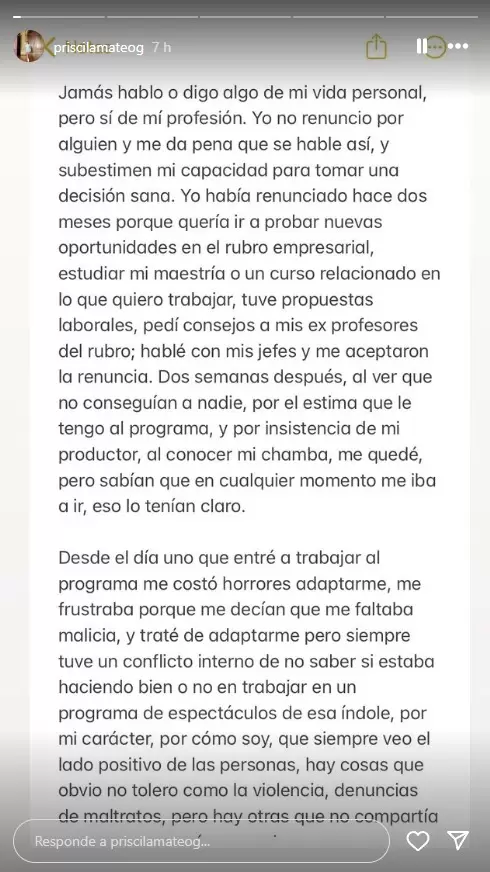 Comunicado de Priscila Mateo