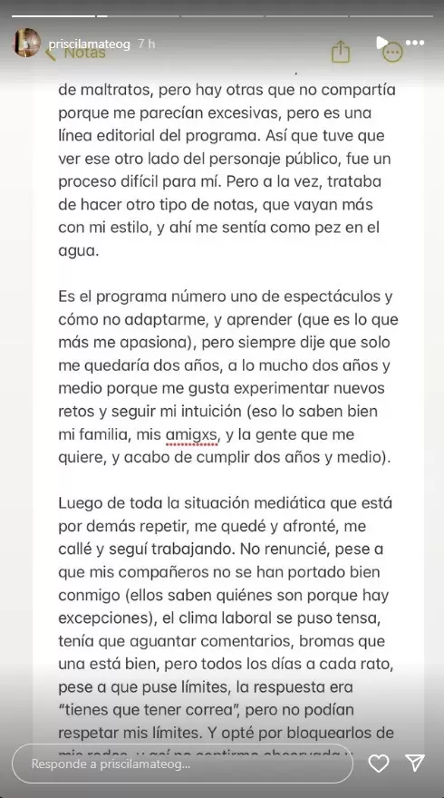 Comunicado de Priscila Mateo