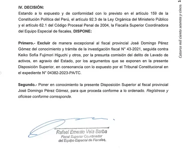 Resolucin que retira a Jos Domingo Prez de la investigacin preliminar a Keiko Fujimori. (Altavoz)