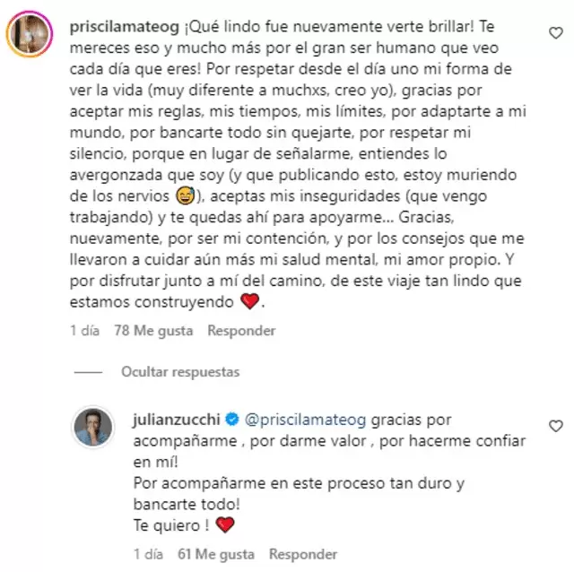 Priscila Mateo y Julin Zucchi demuestran su apoyo en redes. (Instagram)