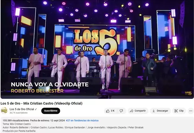 "Mix Cristian Castro" de Los 5 de Oro ingresa al top 30 de las canciones ms escuchadas en YouTube. (Captura de pantalla)