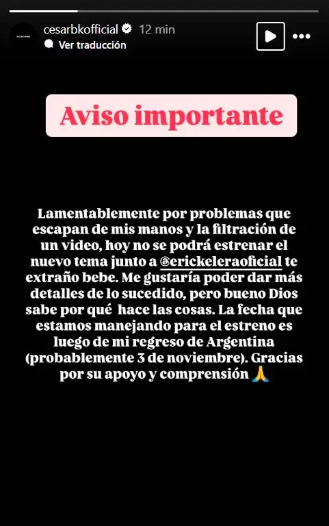 Csar BK cancela el estreno de su tema con Erick Elera