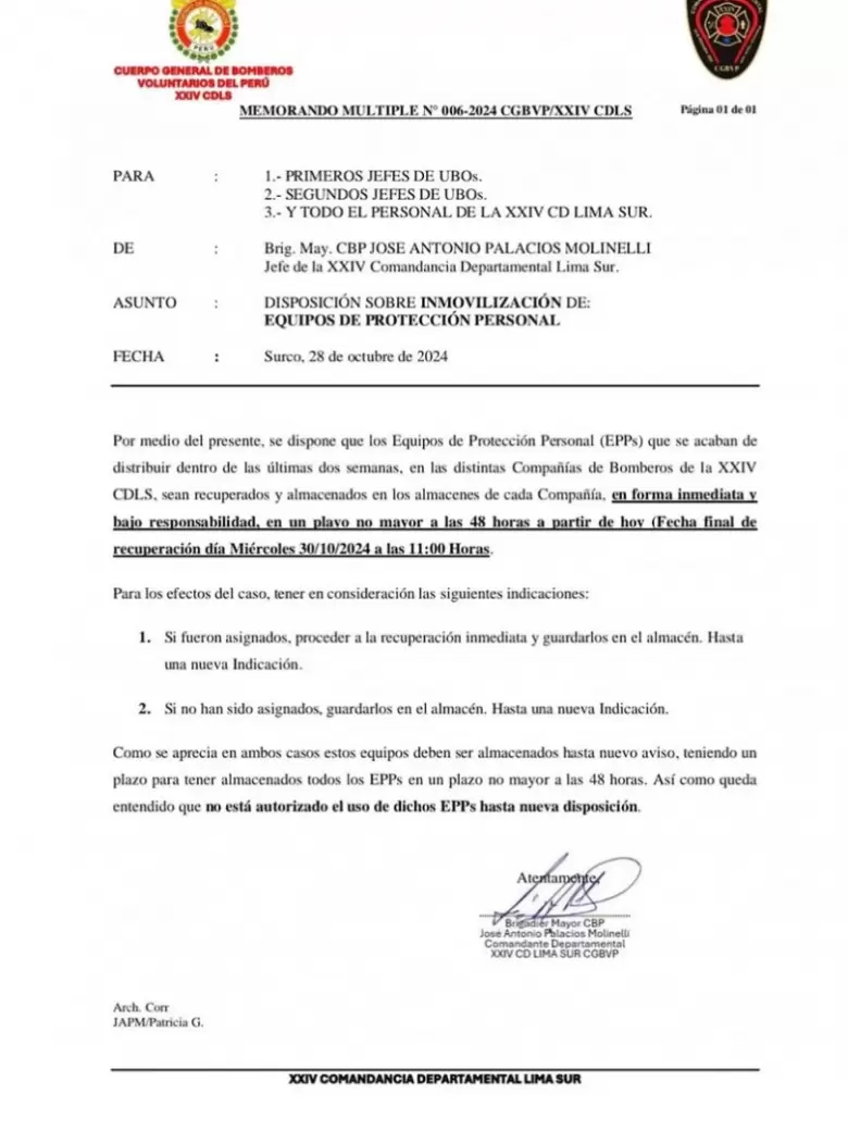 Documento del Cuerpo General de Bomberos tras incidente con equipos de proteccin.