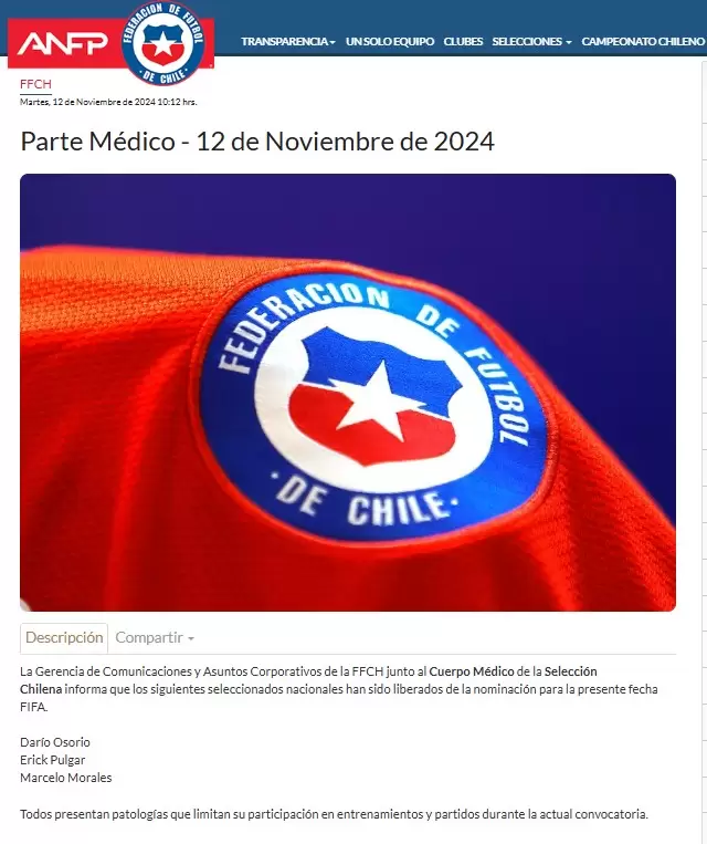 Federacin de ftbol de Chile comunica tres bajas. (Captura de pantalla)