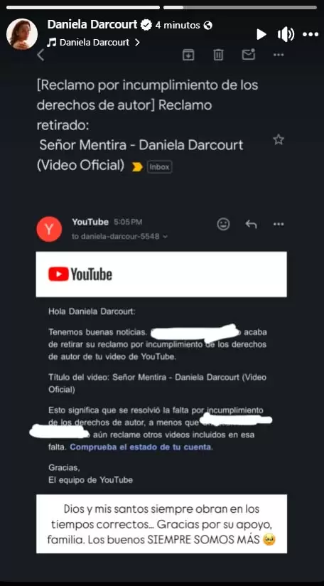 Daniela Darcourt muestra que retiraron el reclamo por incumplimiento de derechos de autor