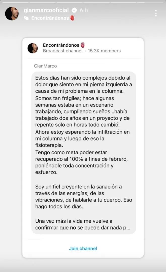 Mensaje de Gian Marco sobre su estado de salud. (Instagram)