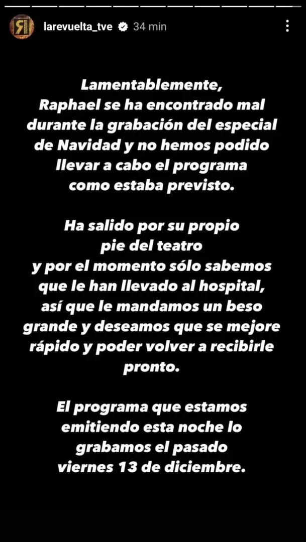 Comunicado sobre el estado de salud de Raphael. (Instagram)