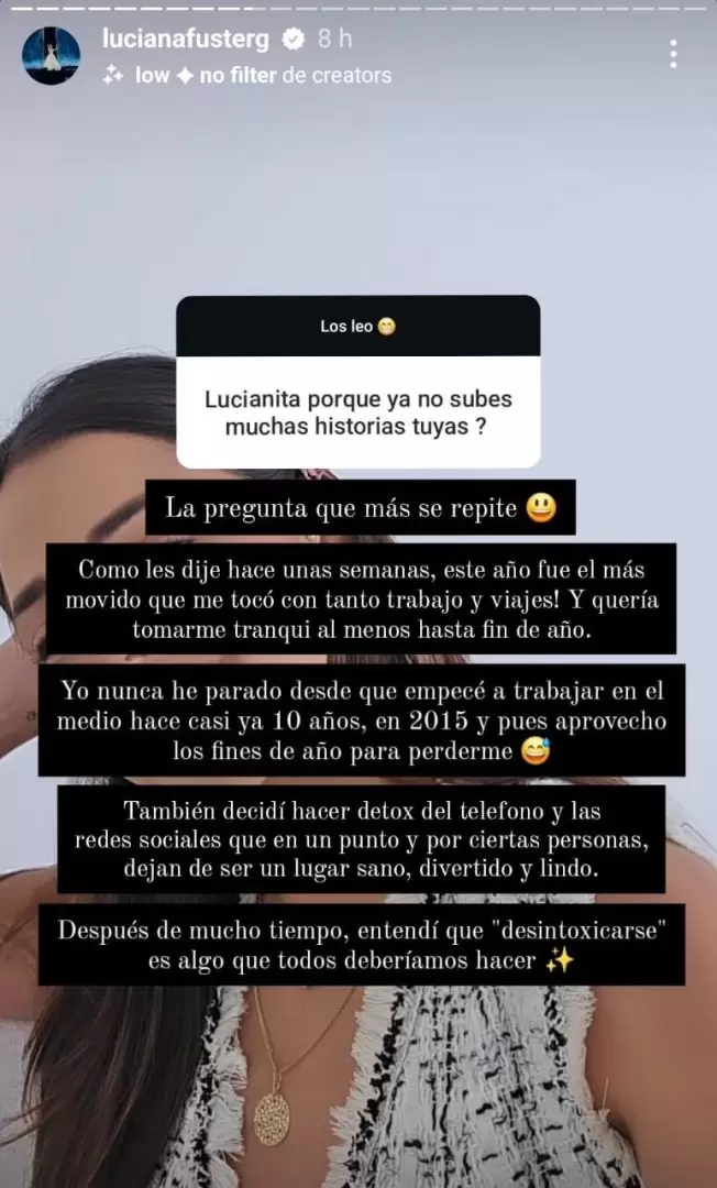 Luciana Fuster explica por qu anda media desaparecida de redes. (Instagram)