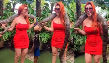 El divertido momento de Milena Zrate con una anaconda