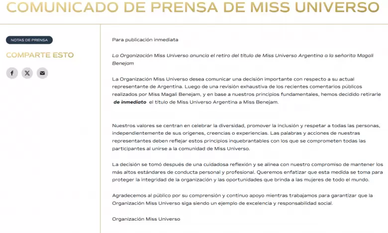 Comunicado de Prensa del Miss Universo