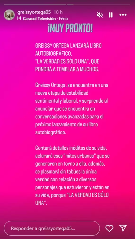 Greissy Ortega anuncia que lanzar un libro autobiogrfico. (Instagram)