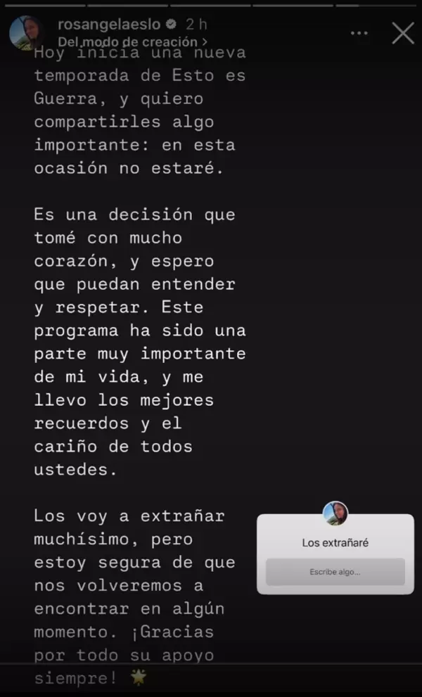 Mensaje de Rosngela Espinoza en sus redes