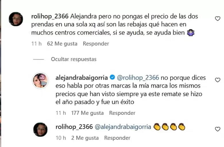 Alejandra Baigorria hace aclaracin sobre los precios de sus prendas.