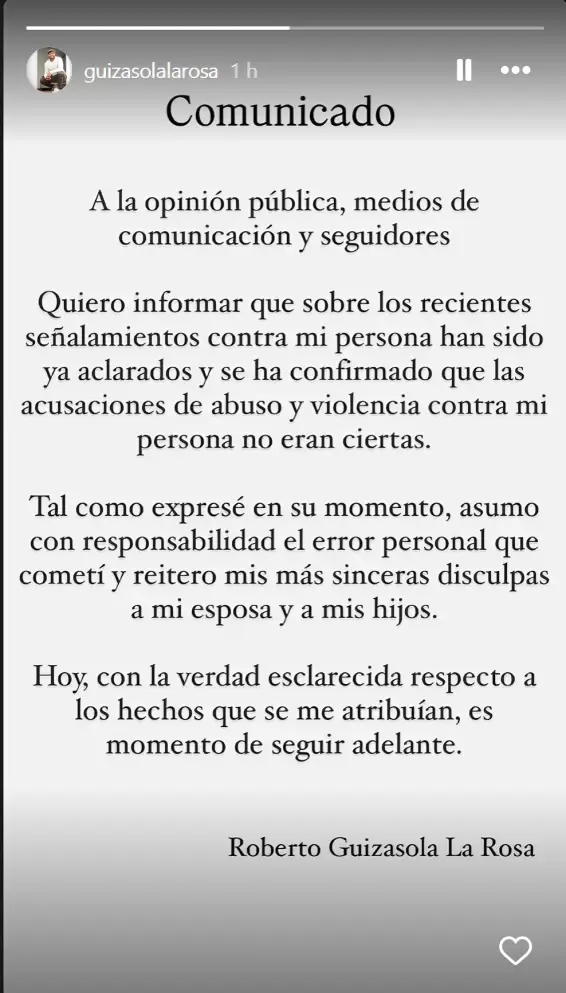 Roberto Guizasola emite comunicado tras denuncia retirada por Alexandra Daz.