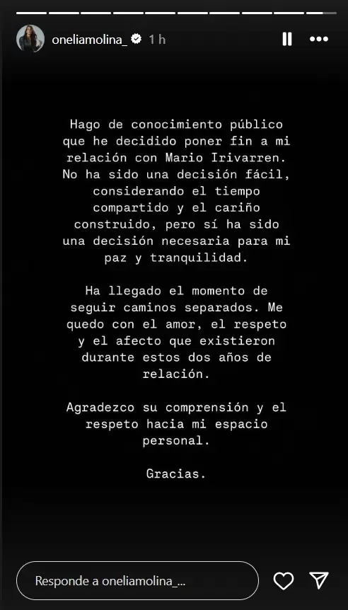 Onelia Molina lanza comunicado tras terminar con Mario Irivarren.