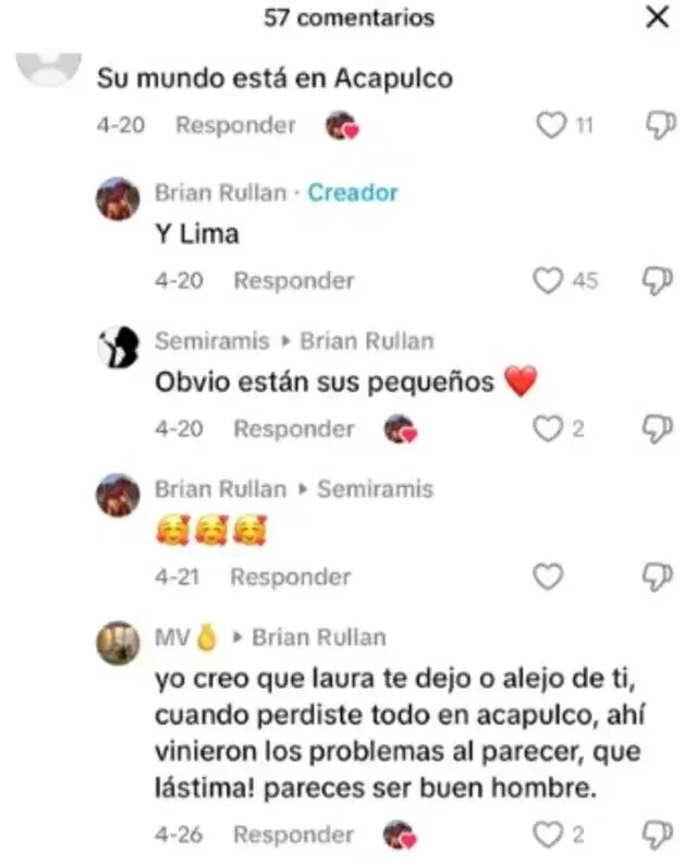 Brian Rullan le da like a comentario en contra de Laura Spoya. (Captura de pantalla)