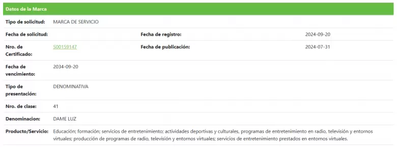 Registro de "dame luz" en Indecopi. (Indecopi)