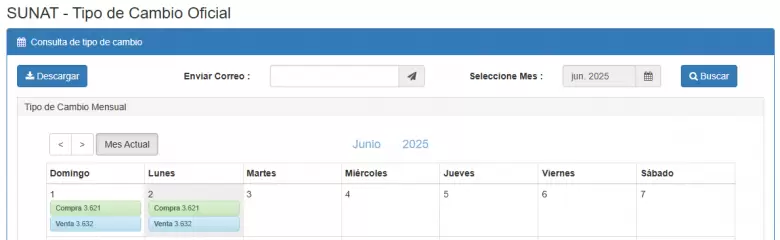 Precio del dlar del 1 al 2 de junio. (SUNAT)