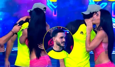 Vania Bludau y Austin Palao coquetean en vivo y Mario Irivarren los mira incmodo.
