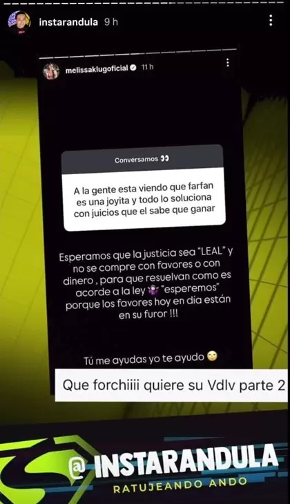 Historia de Instarndula sobre comentario de Melissa Klug. (Instagram)