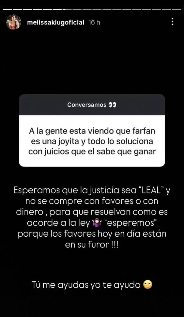Historia de Melissa Klug respondiendo pregunta sobre Jefferson Farfn. (Instagram)