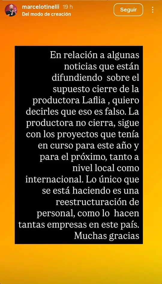 El comunicado que Tinelli poste en redes.