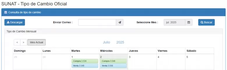 Precio del dlar del 1 al 2 de julio. (SUNAT)
