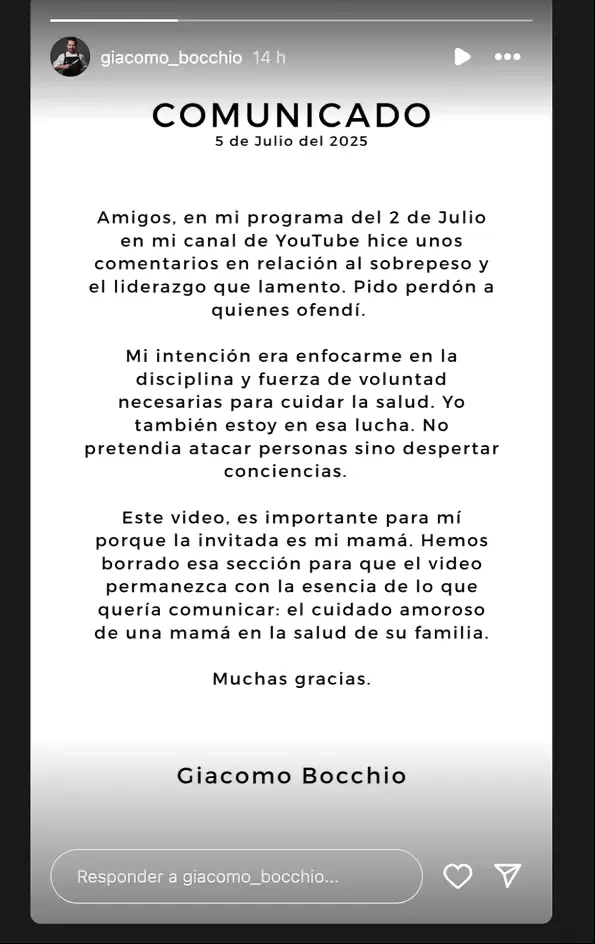 Comunicado de Giacomo Bocchio.