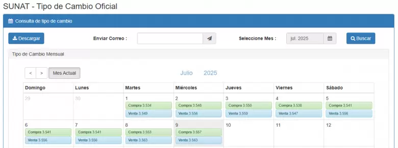 Precio del dlar del 1 al 9 de julio. (SUNAT)