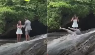 Novio se resbala en cascada mientras peda la mano de su novia