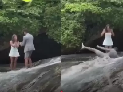 Novio se resbala en cascada mientras peda la mano de su novia