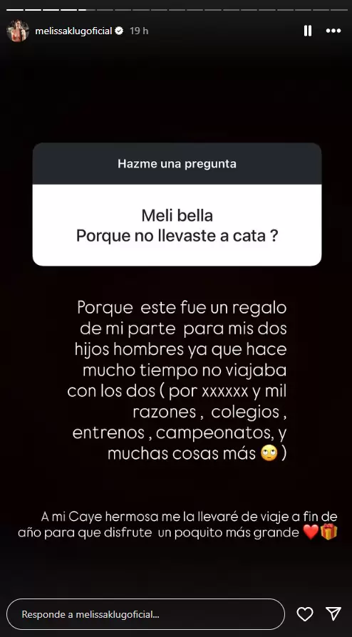 Melissa Klug explica por qu no llev a su hija menor a viaje a Cancn. (Instagram)
