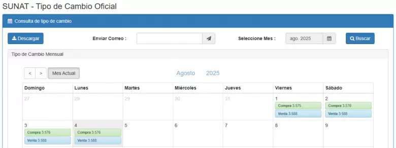 Precio del dlar del 1 al 4 de agosto. (SUNAT)