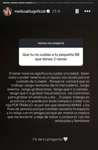 Melissa Klug defiende su rol como madre