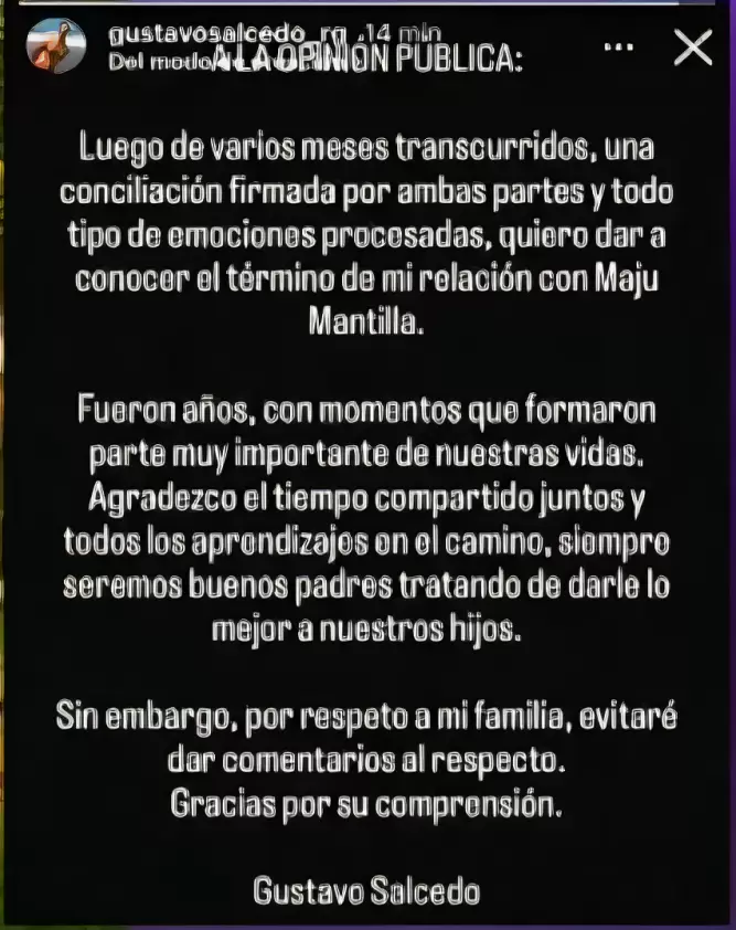 Comunicado de Gustavo Salcedo.