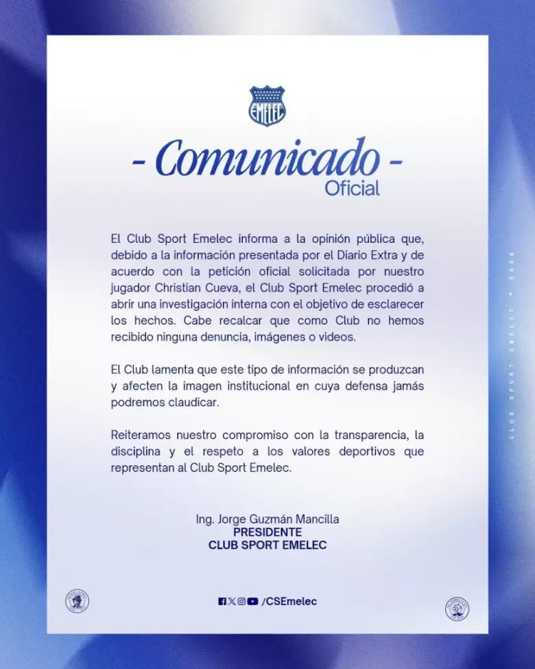 Sport Emelec abre investigacin a Cueva