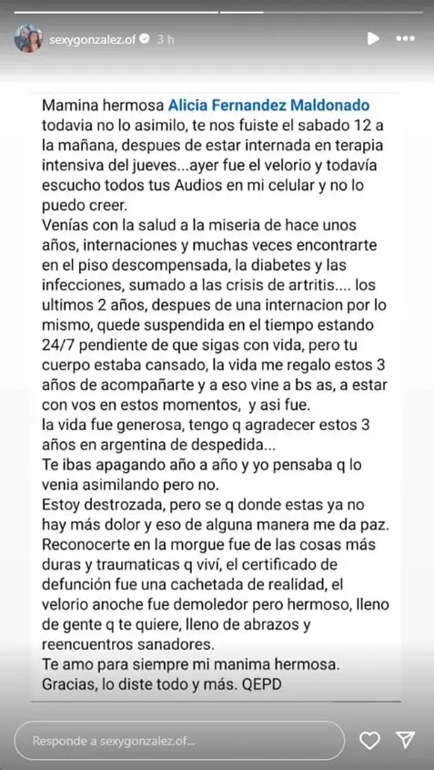 Comunicado de Xoana Gonzles cuando comunic la muerte de su madre. (Instagram)