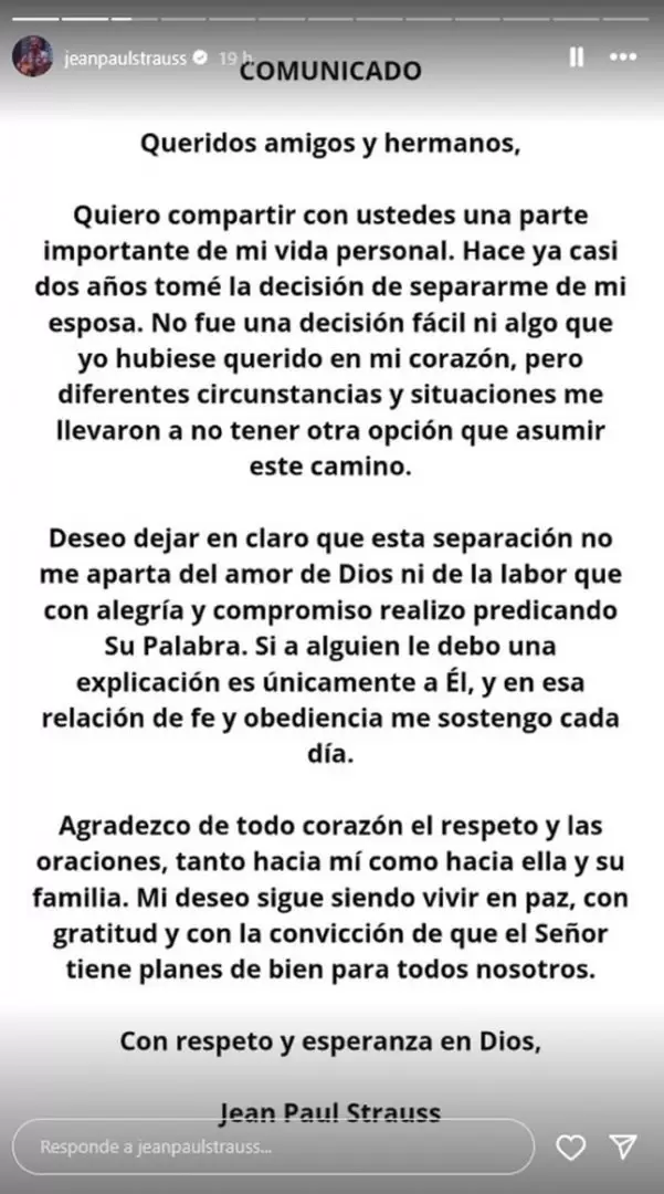 Jean Paul Strauss revel que est separado de su esposa desde hace casi 2 aos. stagram)