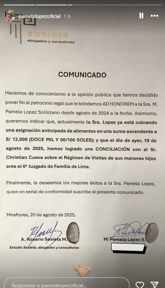 Rosario Sasieta emite comunicado del fin de su defensa a Pamela Lpez.