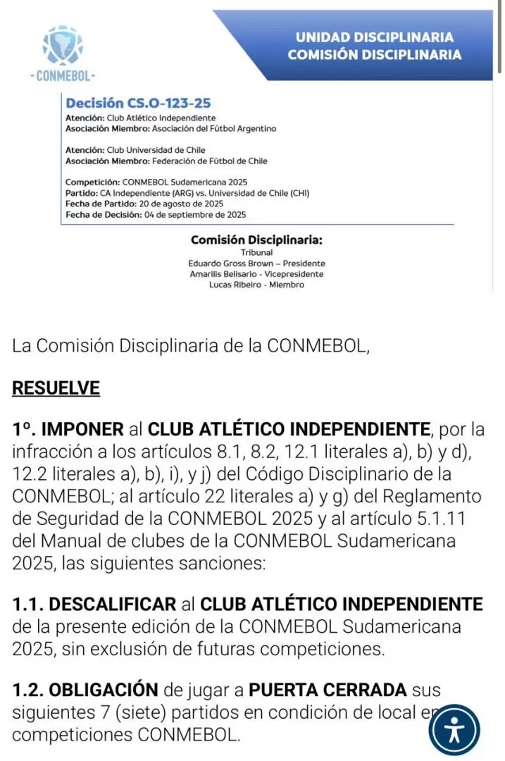 Fallo de Conmebol del partido entre U. de Chile vs. Independiente.