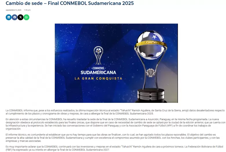Conmebol confirm que la final de la Sudamericana ya no se jugar en Bolivia.