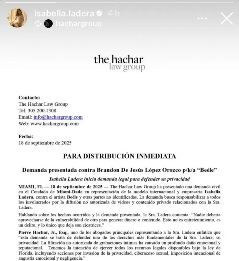 Isabella Ladera demanda a Bele